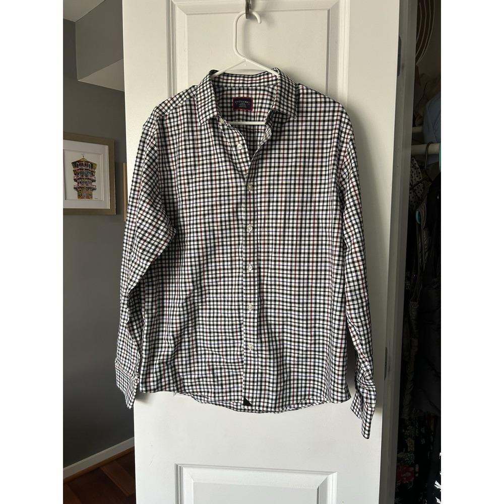 Untuckit Shirt Men's Red Black Blue Check Cotton Long Sleeve Wrinkle Free Size L